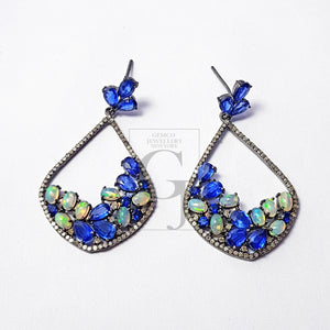 very beautiful teardrop design opal and kyanite stone Pave rosecut diamond 925 sterling silver handmade Pave diamond earring jewelry