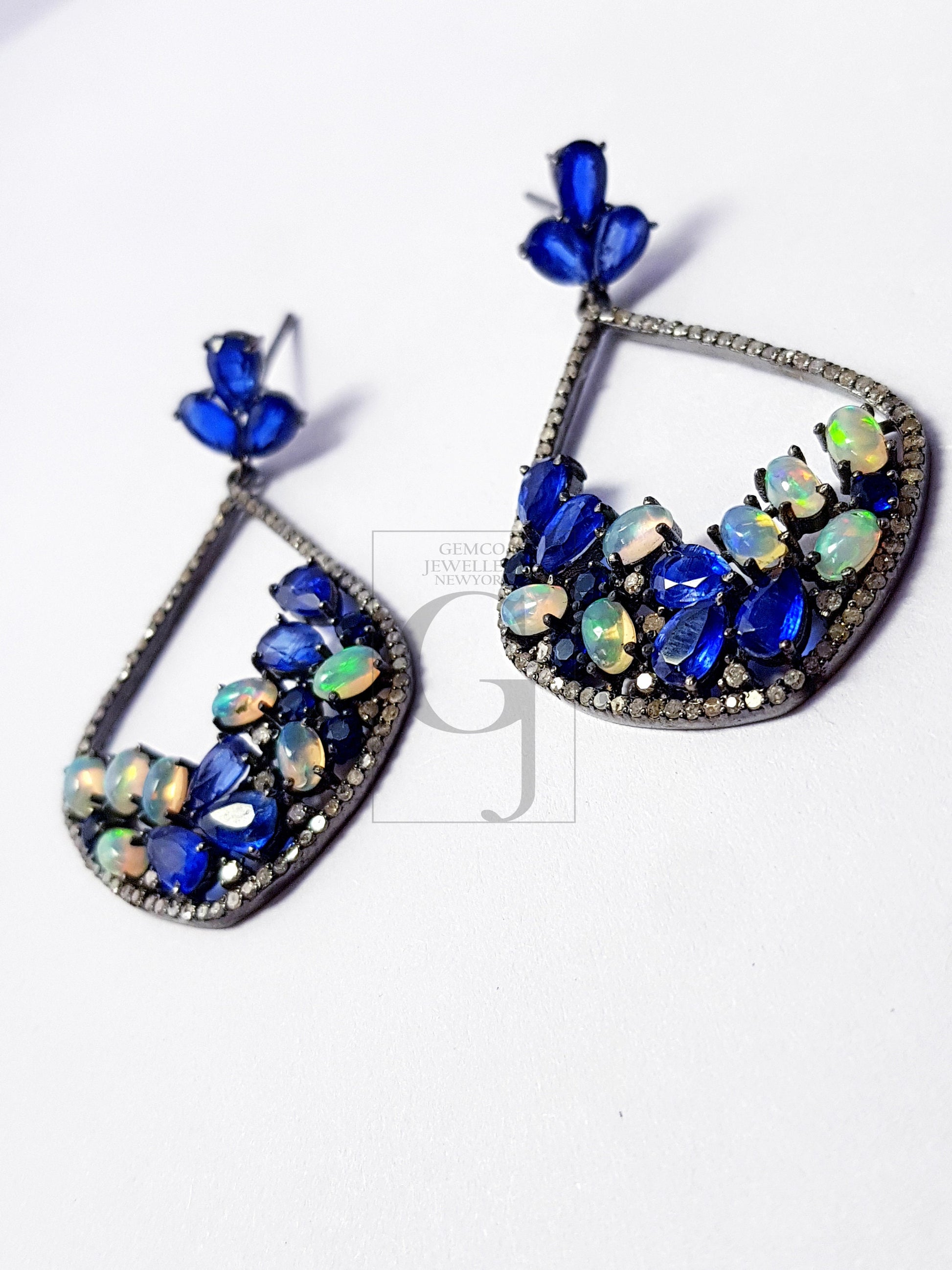 very beautiful teardrop design opal and kyanite stone Pave rosecut diamond 925 sterling silver handmade Pave diamond earring jewelry