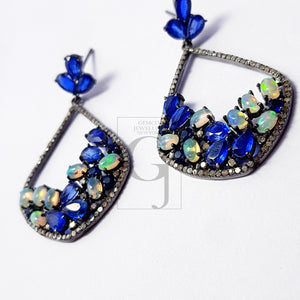 very beautiful teardrop design opal and kyanite stone Pave rosecut diamond 925 sterling silver handmade Pave diamond earring jewelry