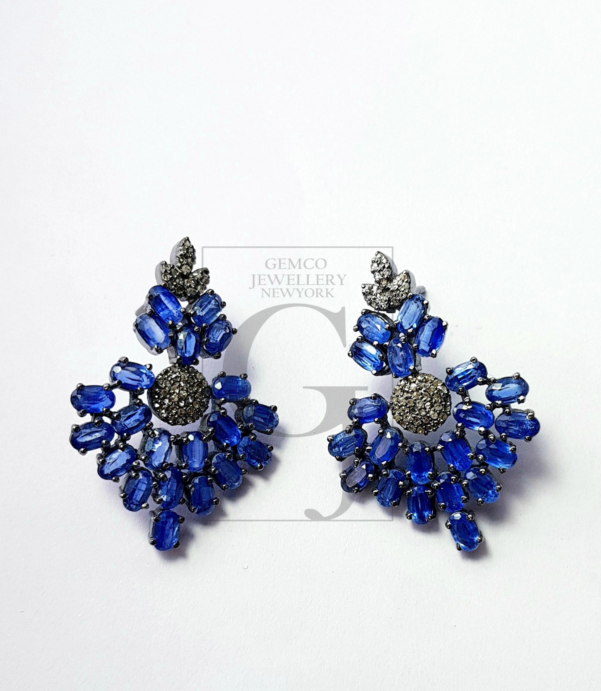 Natural Blue kyanite stone with rosecut diamond pave setting diamond earing designer sterling silver oxidized earring