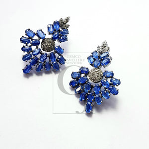 Natural Blue kyanite stone with rosecut diamond pave setting diamond earing designer sterling silver oxidized earring