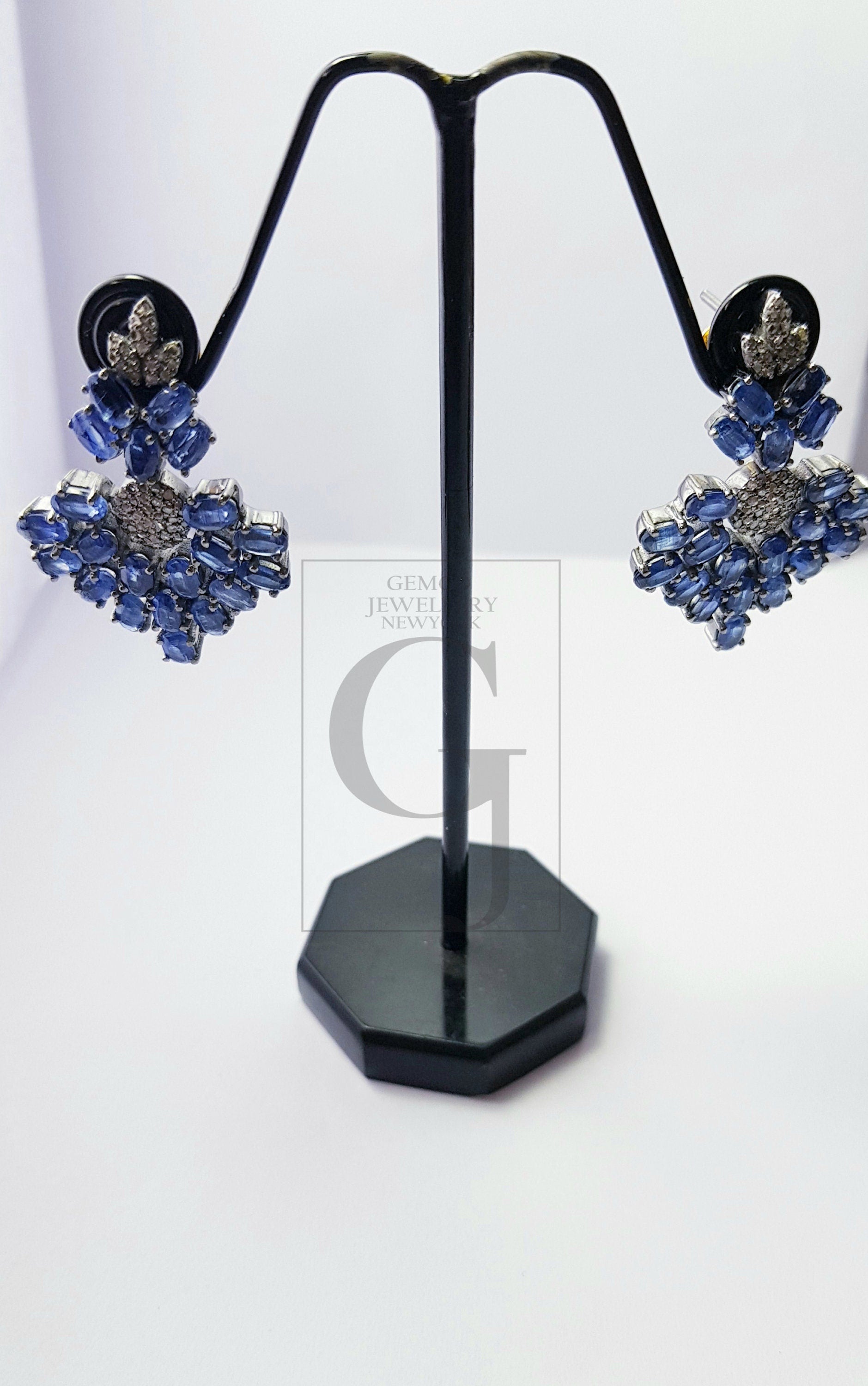 Natural Blue kyanite stone with rosecut diamond pave setting diamond earing designer sterling silver oxidized earring