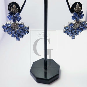 Natural Blue kyanite stone with rosecut diamond pave setting diamond earing designer sterling silver oxidized earring