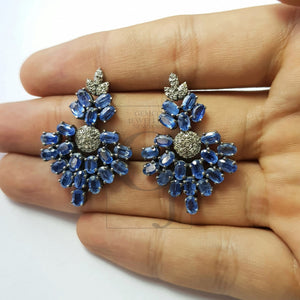 Natural Blue kyanite stone with rosecut diamond pave setting diamond earing designer sterling silver oxidized earring