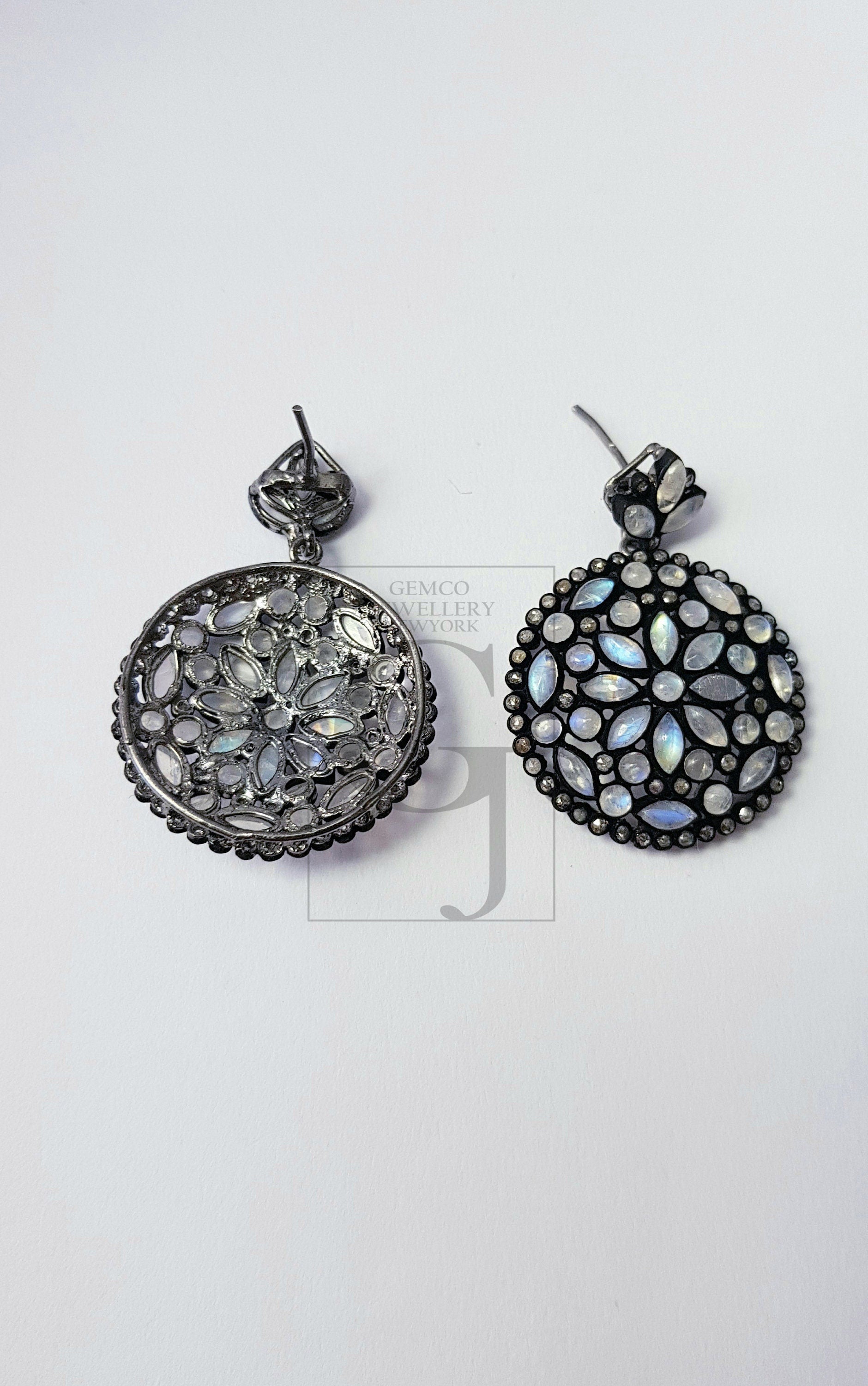 Very Beautiful Rainbow Moon Stone Designer Earring Rosecut Pave Diamond Earrings 925 Sterling Silver Handmade Silver Finish Diamond Earrings