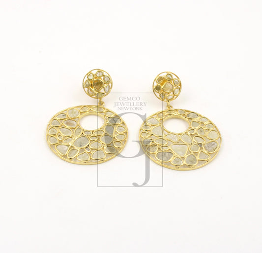 Vermail Gold Finish Polki Diamond Earring Rosecut Pave Diamond Earrings 925 Sterling Silver Handmade Silver Finish Diamond Round Earring