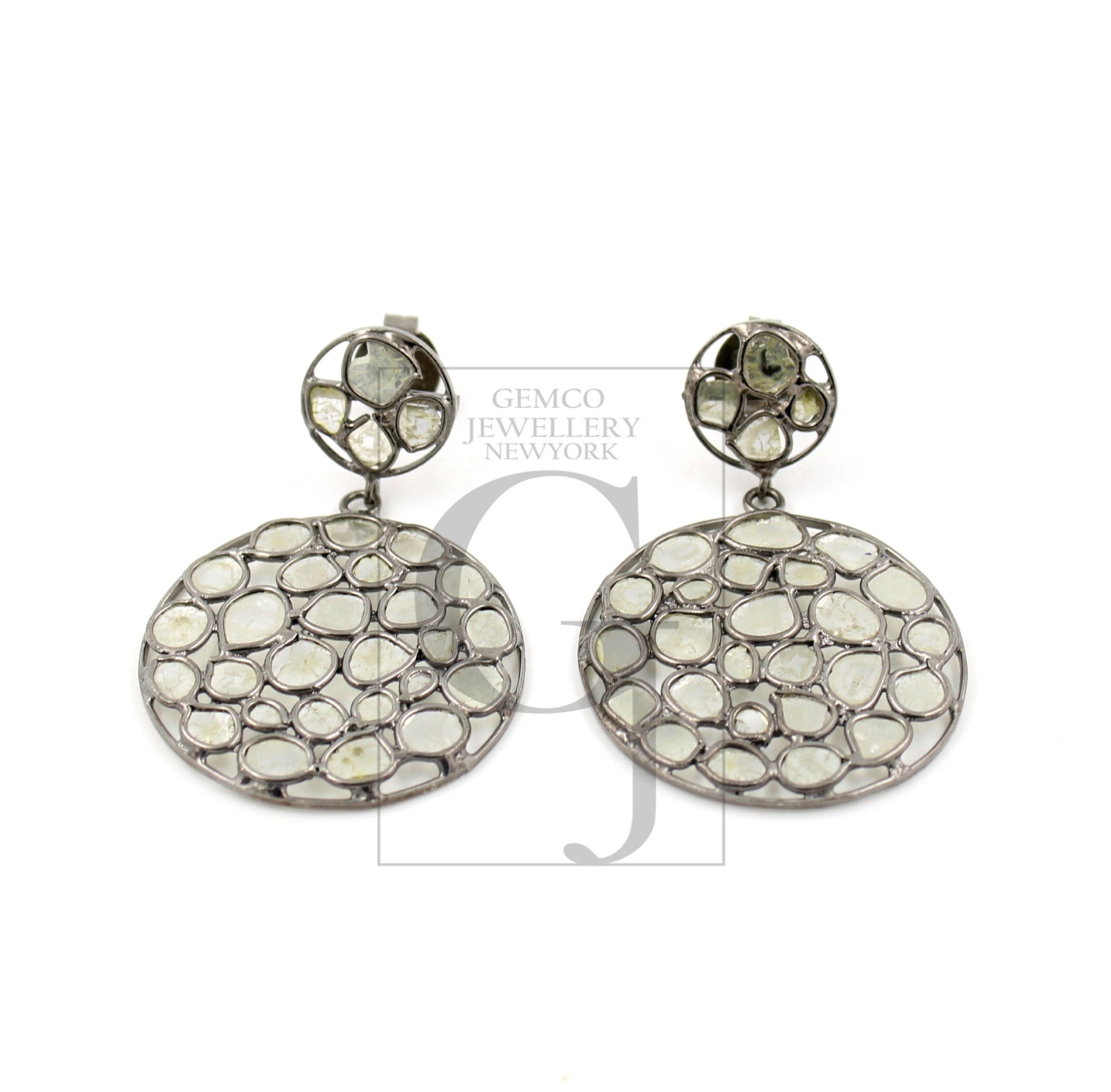 Fashionable round polki diamond earring Rosecut pave diamond earrings 925 sterling silver handmade silver finish flat diamond round earrings