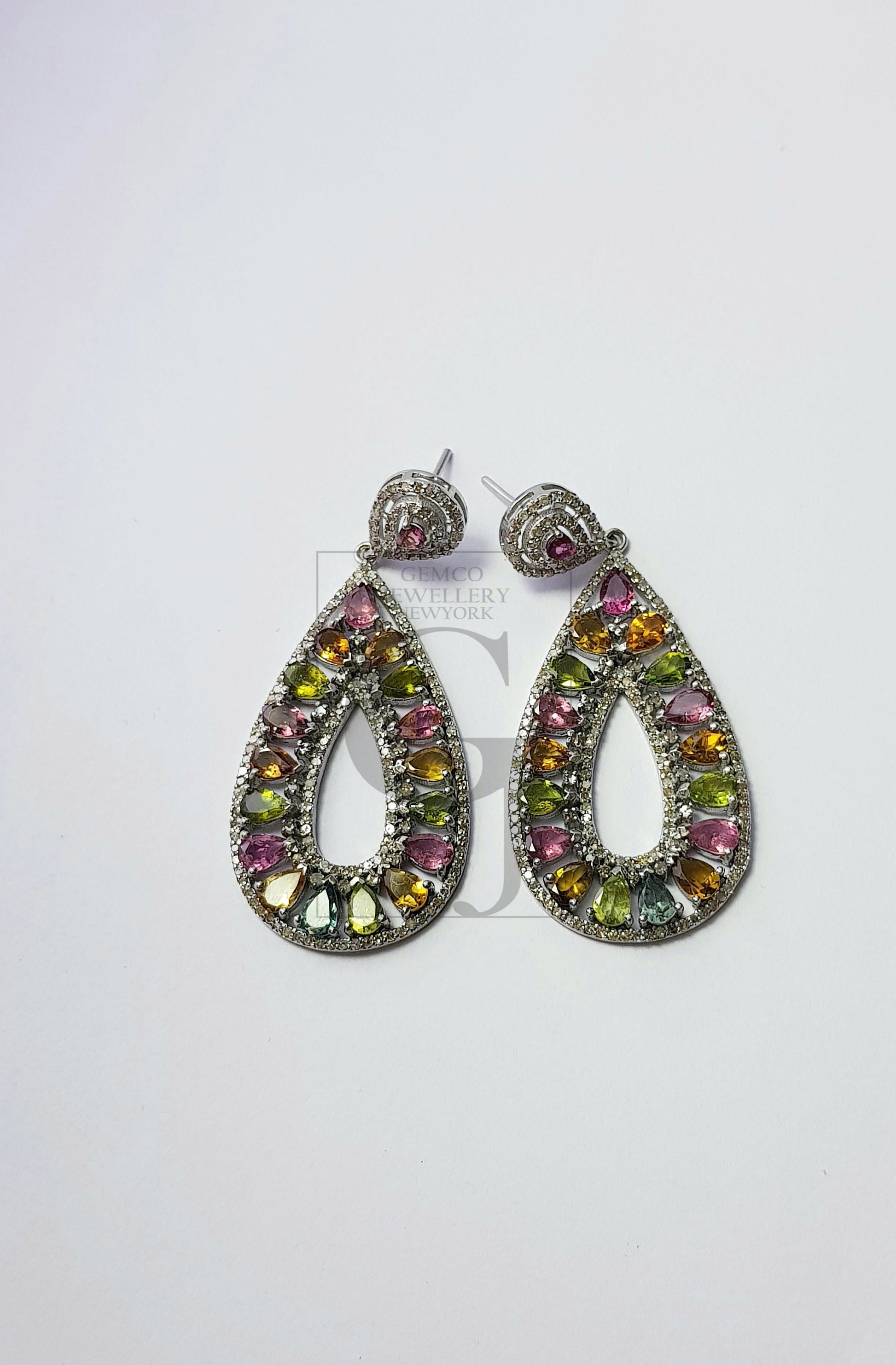 Tourmaline cut stone natural multi colored stone with rosecut pave diamonds sterling silver designer one of a kind earring