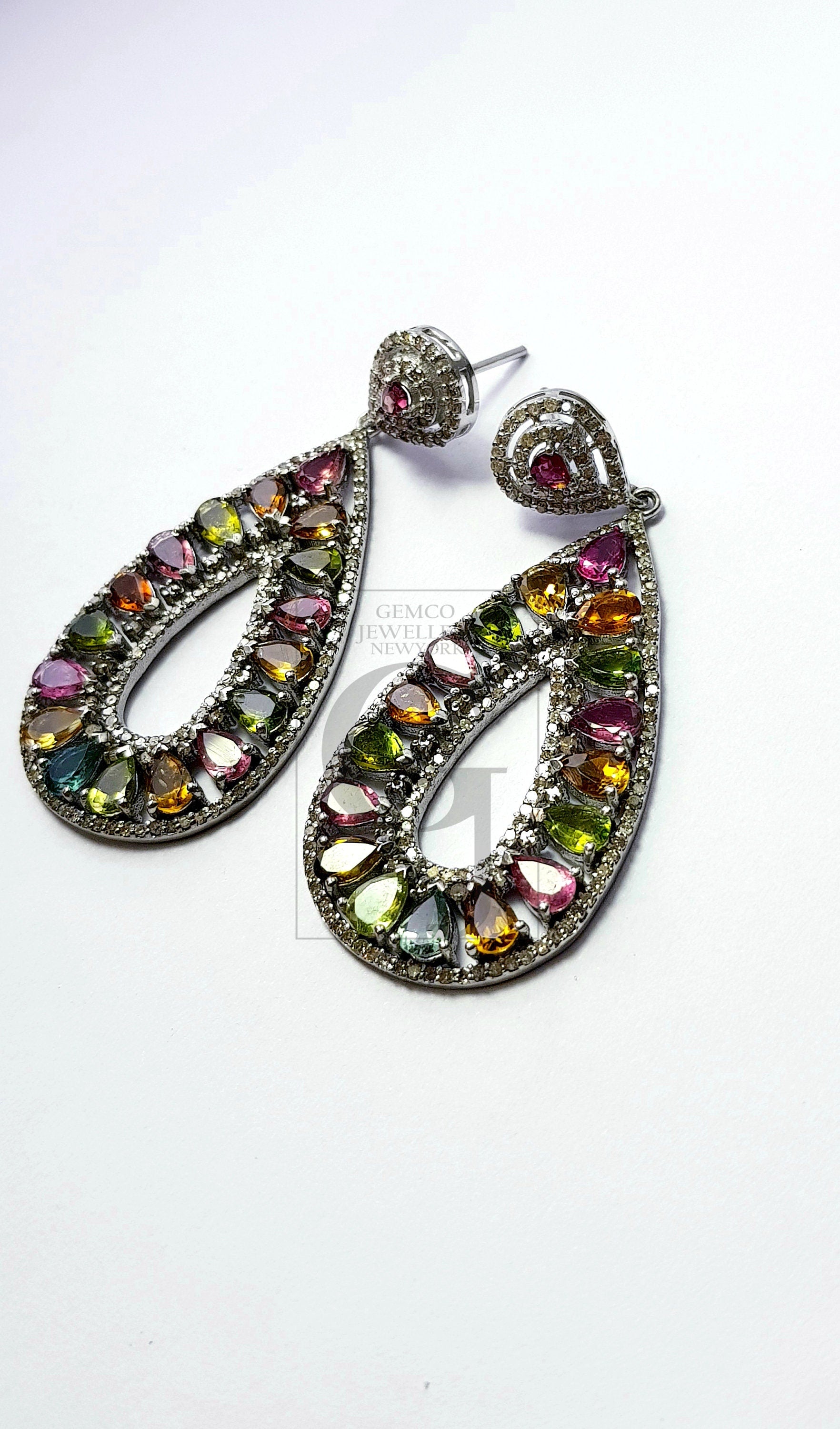 Tourmaline cut stone natural multi colored stone with rosecut pave diamonds sterling silver designer one of a kind earring