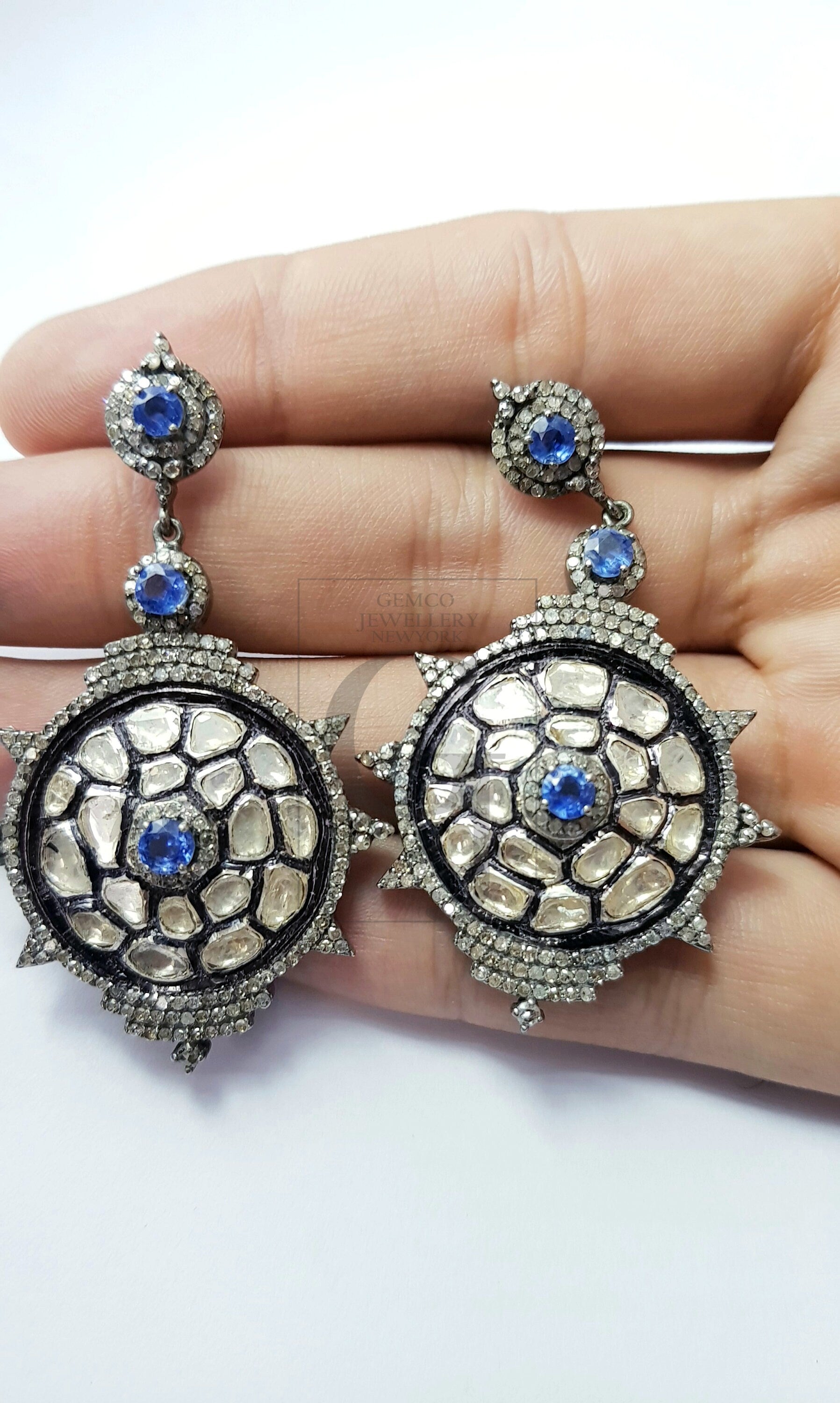 Very beautiful one of kind designer Rosecut pave diamond earrings 925 sterling silver handmade silver finish diamond kyanite earrings