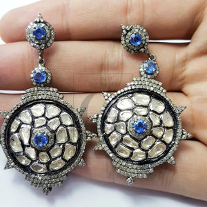 Very beautiful one of kind designer Rosecut pave diamond earrings 925 sterling silver handmade silver finish diamond kyanite earrings