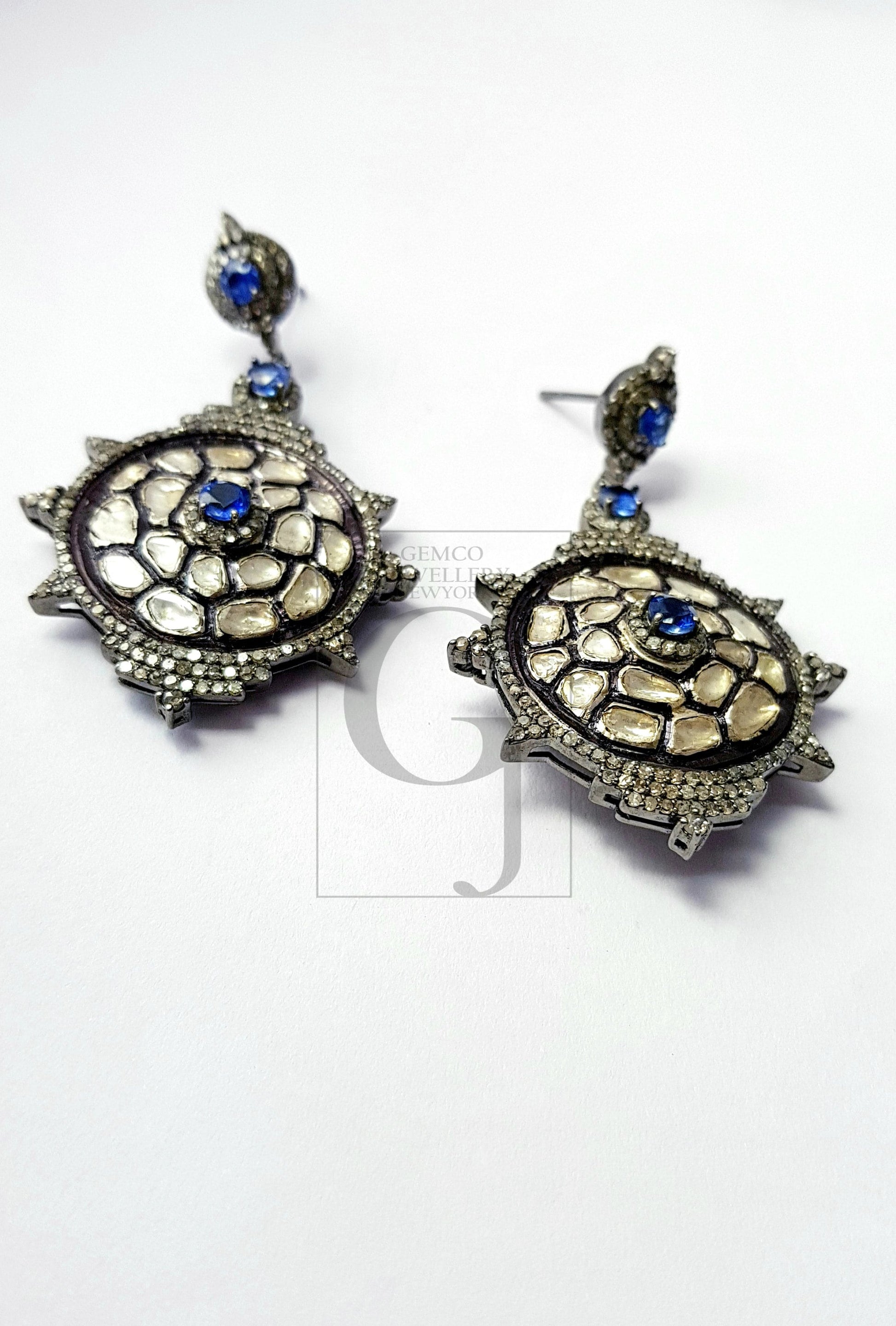 Very beautiful one of kind designer Rosecut pave diamond earrings 925 sterling silver handmade silver finish diamond kyanite earrings