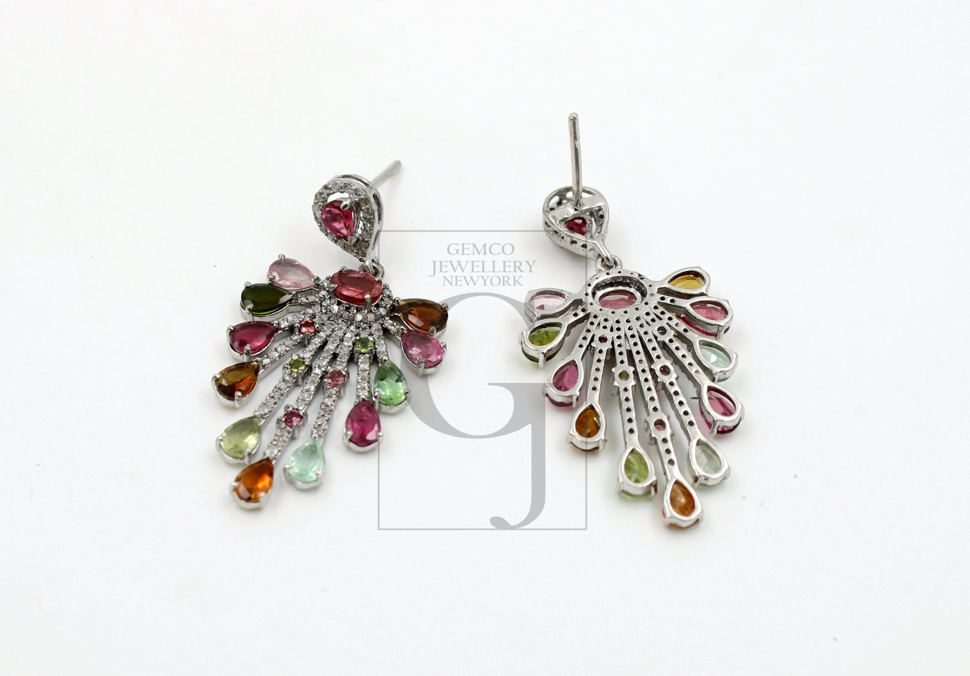 Very beautiful designer  Natural multi colored tourmaline earring stone with rosecut diamond pave setting diamond earring