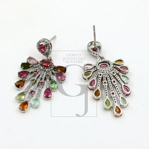 Very beautiful designer  Natural multi colored tourmaline earring stone with rosecut diamond pave setting diamond earring