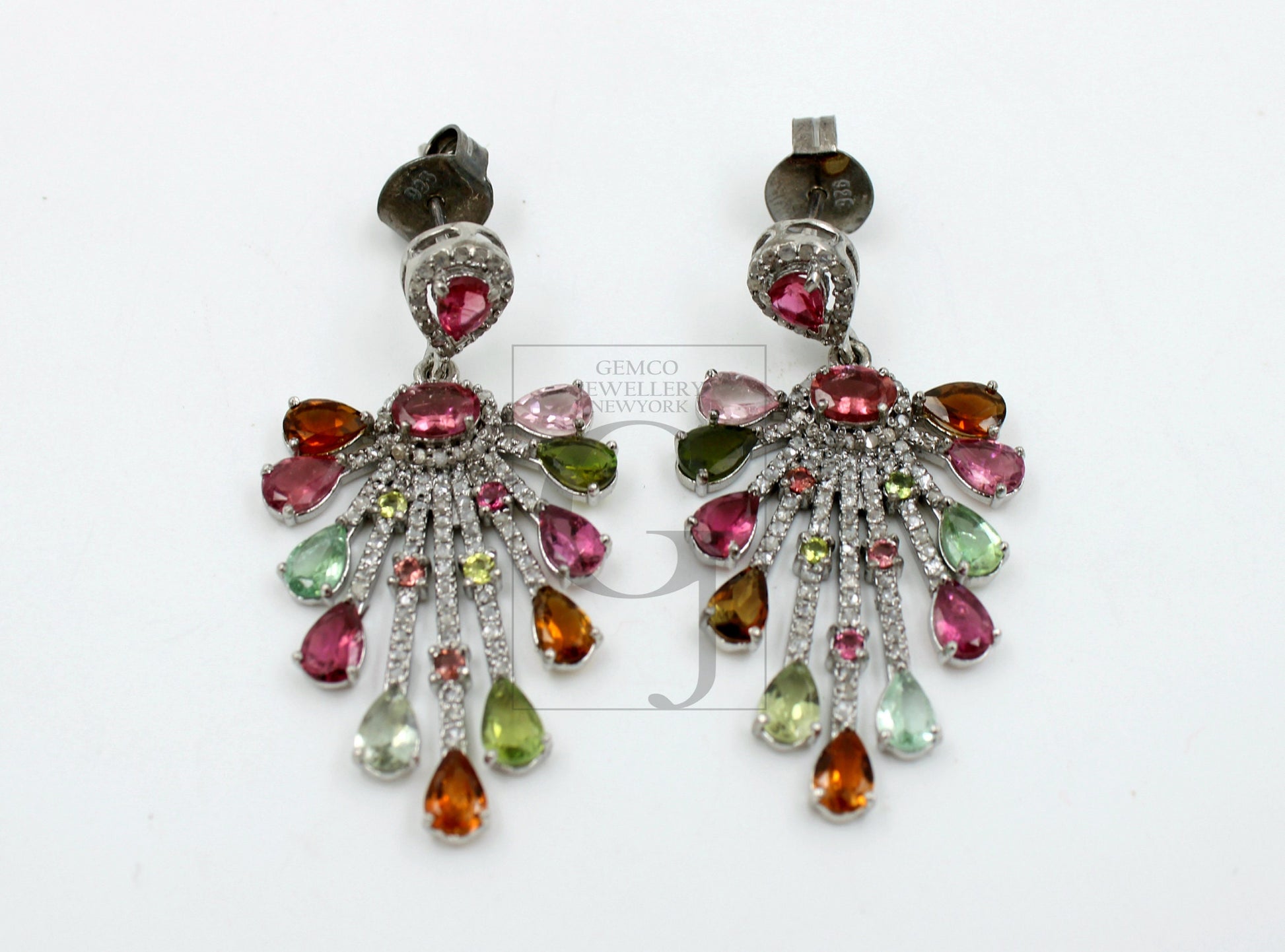 Very beautiful designer  Natural multi colored tourmaline earring stone with rosecut diamond pave setting diamond earring