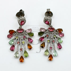 Very beautiful designer  Natural multi colored tourmaline earring stone with rosecut diamond pave setting diamond earring