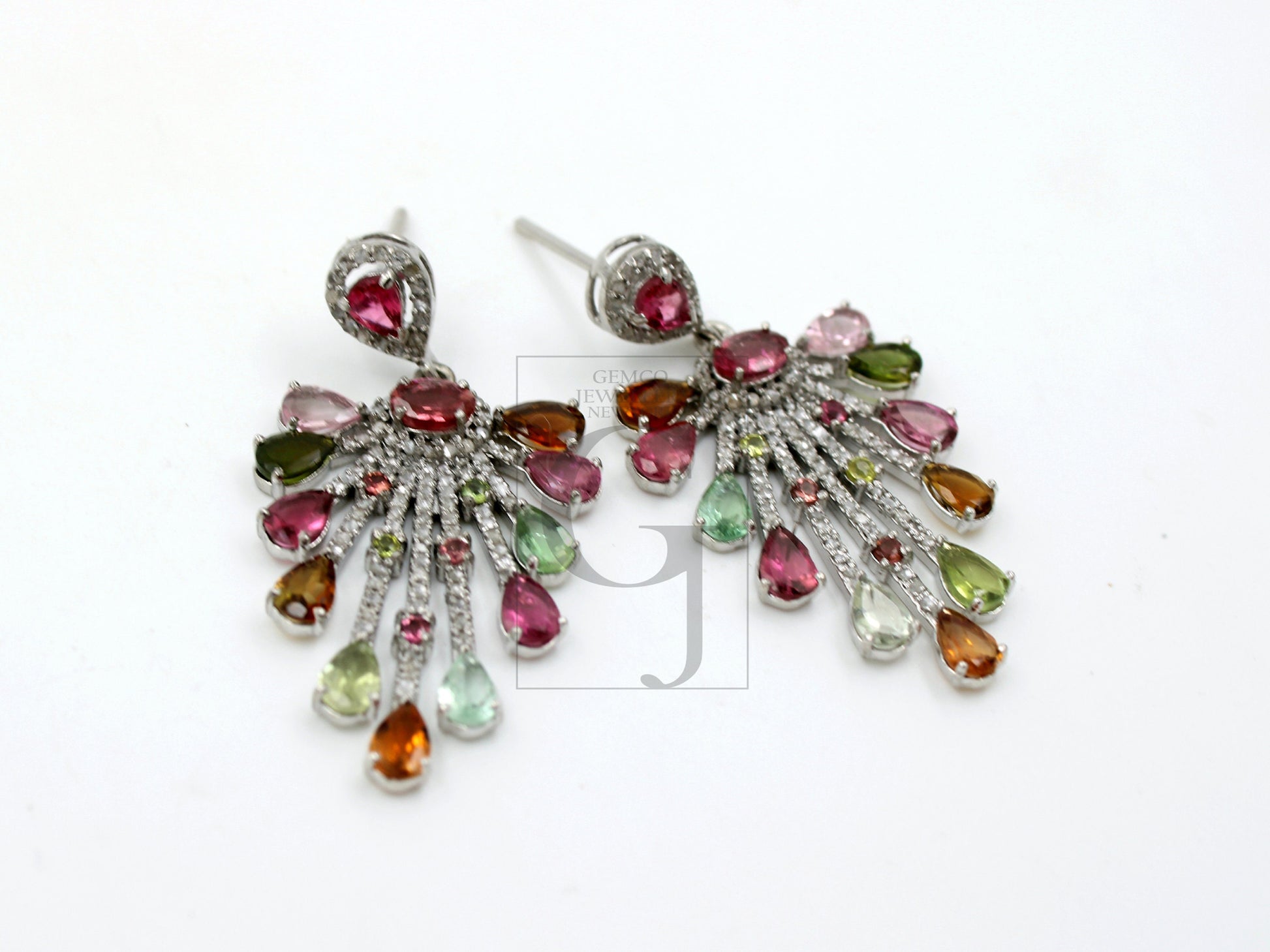 Very beautiful designer  Natural multi colored tourmaline earring stone with rosecut diamond pave setting diamond earring