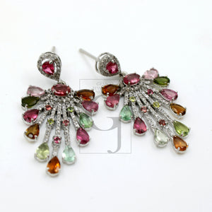 Very beautiful designer  Natural multi colored tourmaline earring stone with rosecut diamond pave setting diamond earring