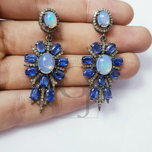 Beautiful Designer Opal Kinite Earring Rosecut Pave Diamond Earrings 925 Sterling Silver Handmade Silver Finish Diamond Earrings