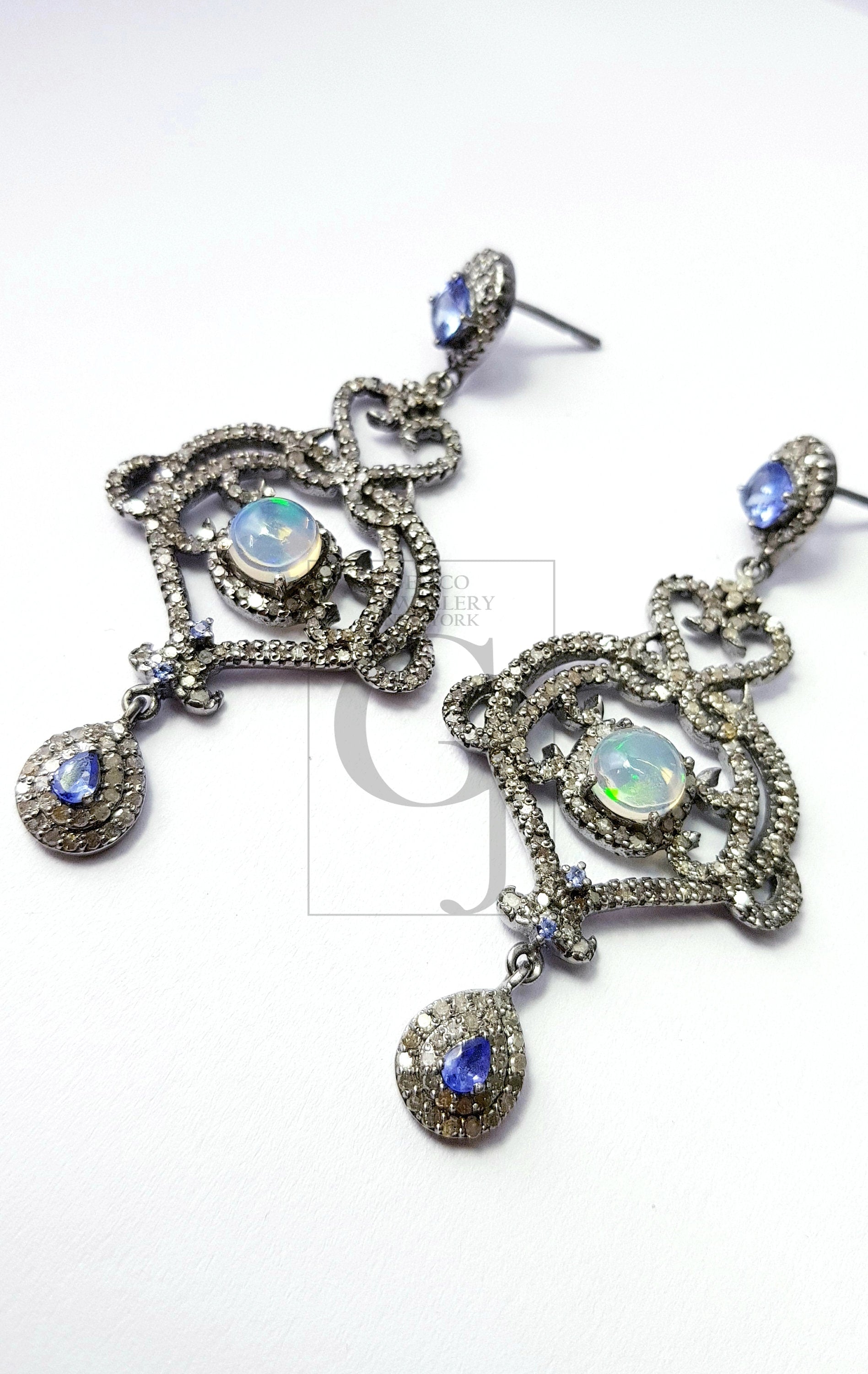 Very beautiful designer earrings  Rosecut pave diamond earrings 925 sterling silver handmade silver finish opal tanzanite diamond earrings