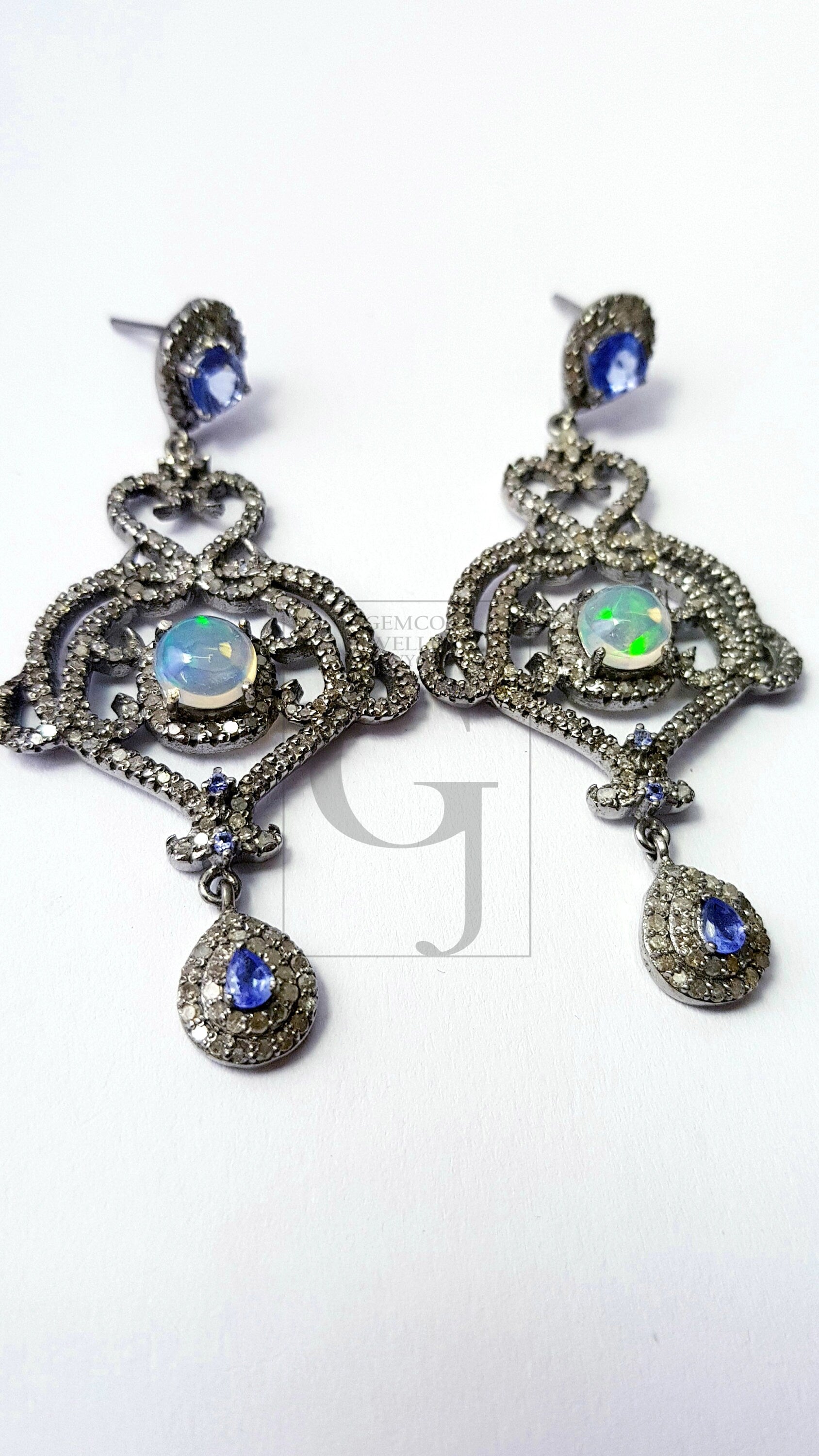 Very beautiful designer earrings  Rosecut pave diamond earrings 925 sterling silver handmade silver finish opal tanzanite diamond earrings