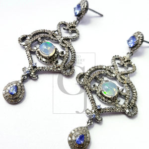 Very beautiful designer earrings  Rosecut pave diamond earrings 925 sterling silver handmade silver finish opal tanzanite diamond earrings