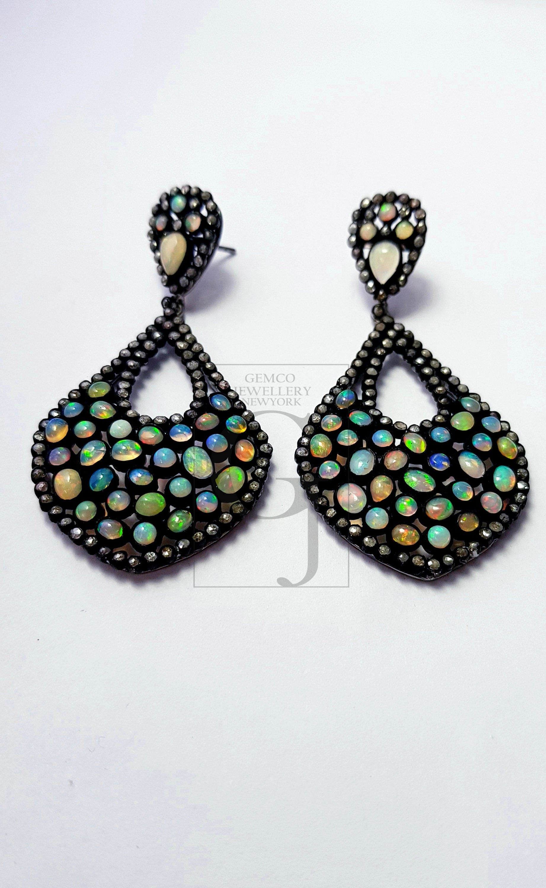 Very beautiful tear drop opal designer Rosecut pave diamond earrings 925 sterling silver handmade silver finish opal and diamond earrings