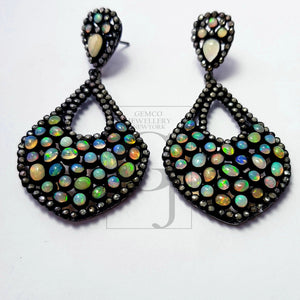 Very beautiful tear drop opal designer Rosecut pave diamond earrings 925 sterling silver handmade silver finish opal and diamond earrings