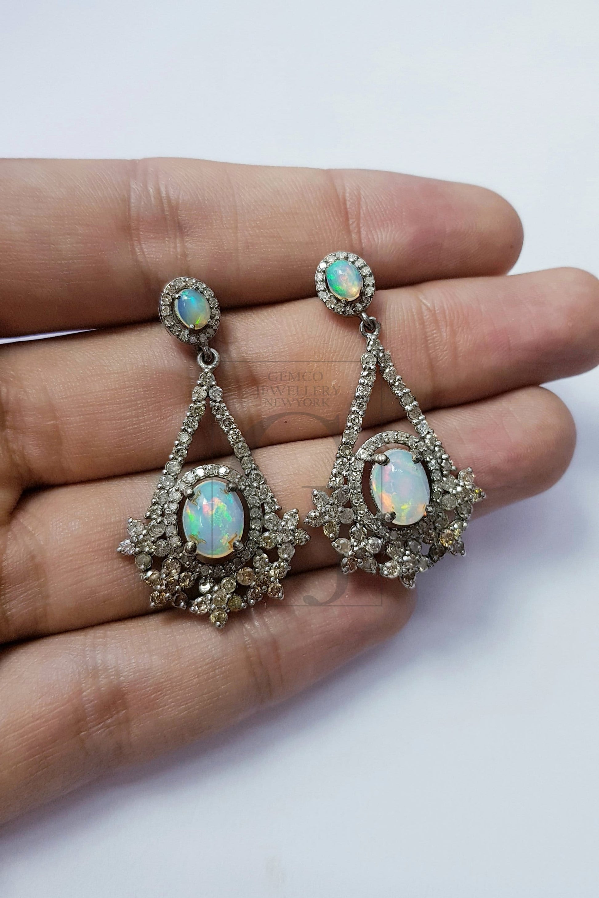 Very Beautiful Opal Earring Designer Rosecut Pave Diamond Earrings 925 Sterling Silver Handmade Silver Finish Natural Opal Diamond Earrings