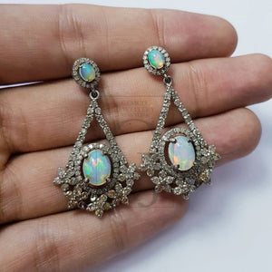 Very Beautiful Opal Earring Designer Rosecut Pave Diamond Earrings 925 Sterling Silver Handmade Silver Finish Natural Opal Diamond Earrings