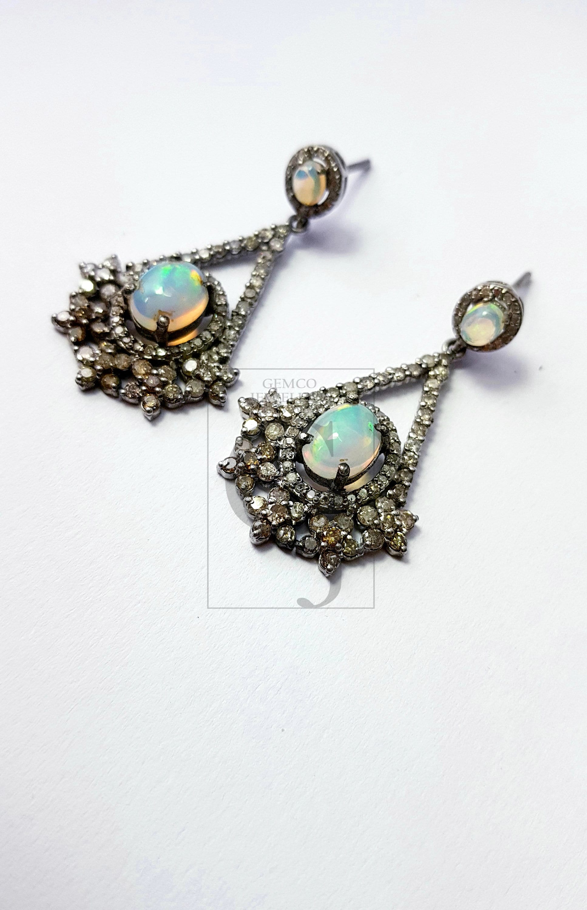 Very Beautiful Opal Earring Designer Rosecut Pave Diamond Earrings 925 Sterling Silver Handmade Silver Finish Natural Opal Diamond Earrings