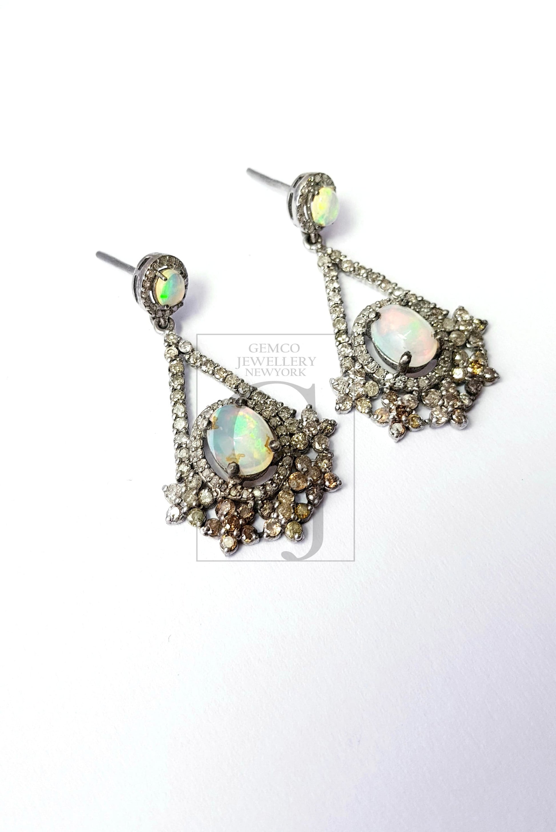 Very Beautiful Opal Earring Designer Rosecut Pave Diamond Earrings 925 Sterling Silver Handmade Silver Finish Natural Opal Diamond Earrings