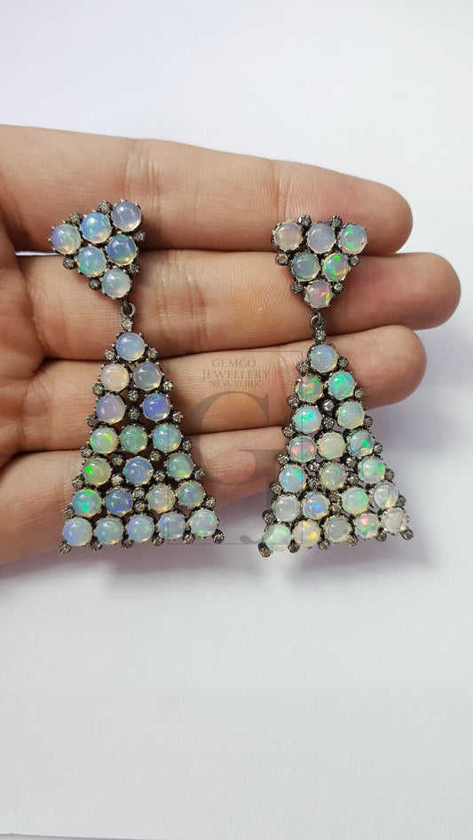 Very beautiful pave Natural Opal Rosecut pave diamond earrings 925 sterling silver handmade silver finish opal diamond earrings