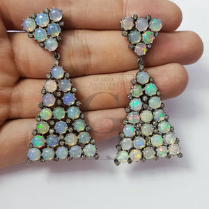 Very beautiful pave Natural Opal Rosecut pave diamond earrings 925 sterling silver handmade silver finish opal diamond earrings