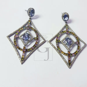 Fashionable tanzanite and tourmaline designer Rosecut pave diamond earrings 925 sterling silver handmade silver finish diamond earrings