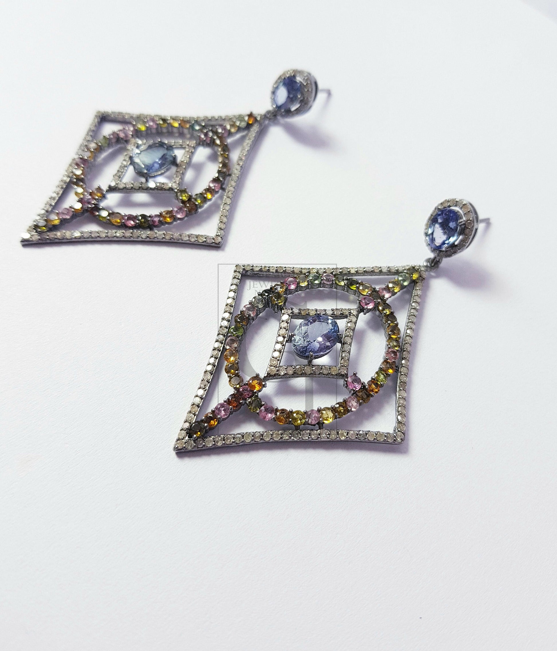 Fashionable tanzanite and tourmaline designer Rosecut pave diamond earrings 925 sterling silver handmade silver finish diamond earrings