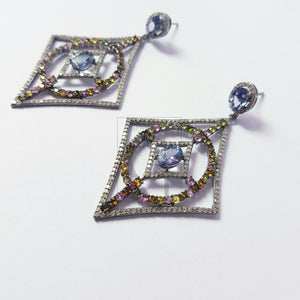 Fashionable tanzanite and tourmaline designer Rosecut pave diamond earrings 925 sterling silver handmade silver finish diamond earrings