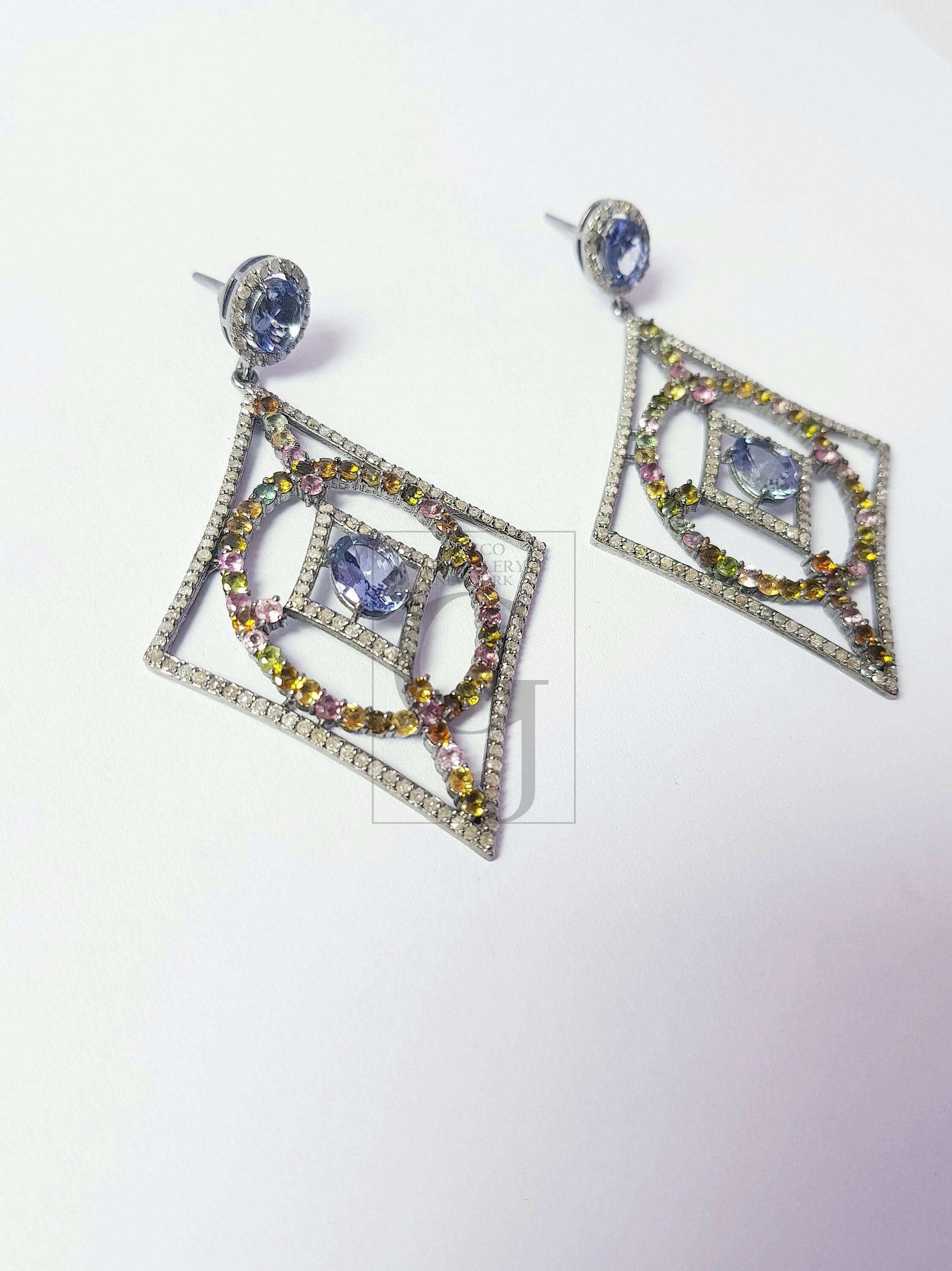 Fashionable tanzanite and tourmaline designer Rosecut pave diamond earrings 925 sterling silver handmade silver finish diamond earrings