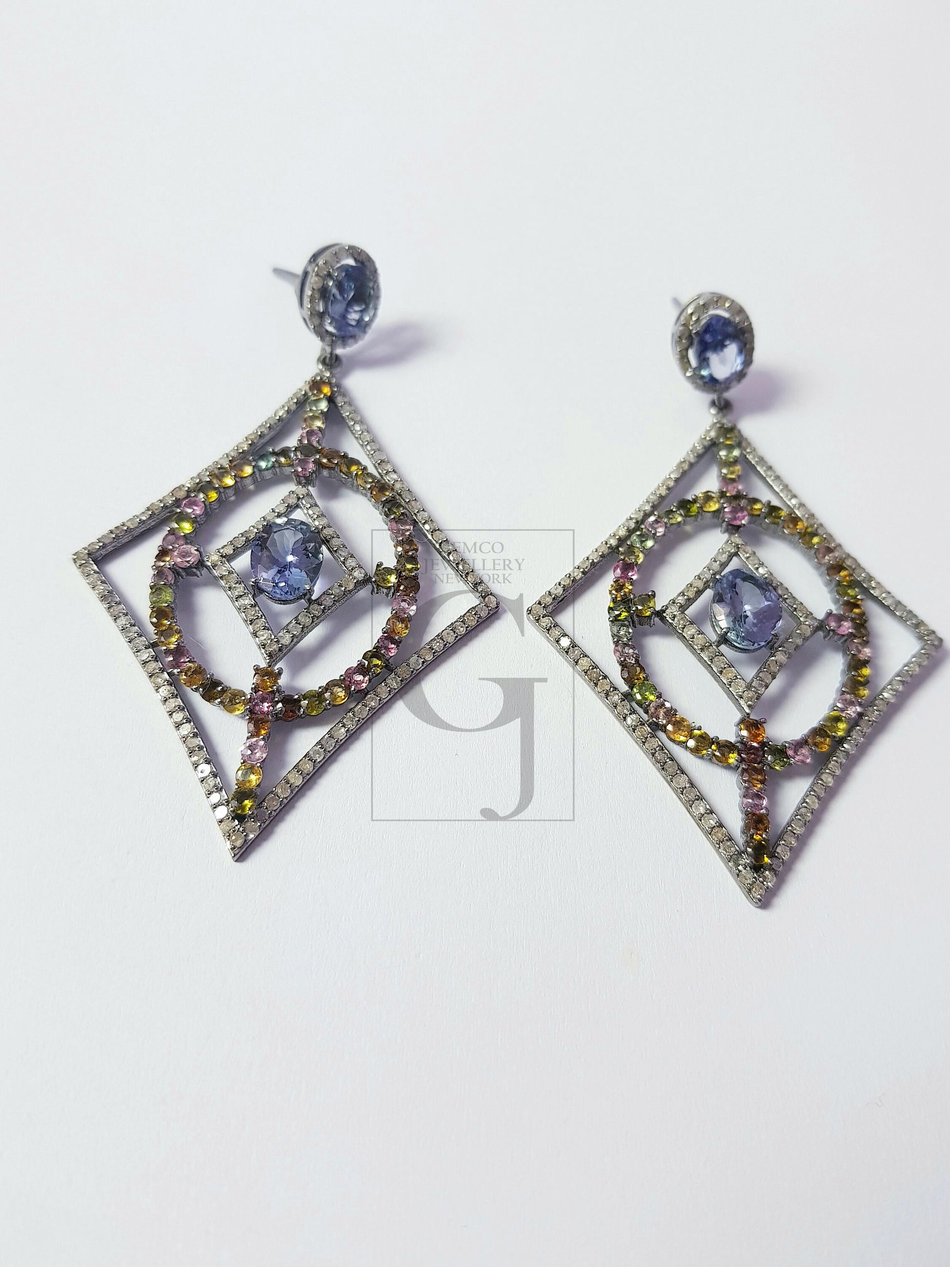 Fashionable tanzanite and tourmaline designer Rosecut pave diamond earrings 925 sterling silver handmade silver finish diamond earrings