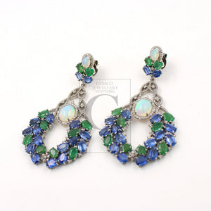 Opal emerald kinite designer earring Rosecut pave diamond earrings 925 sterling silver handmade silver finish diamond earring jewelry opal