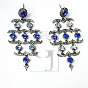 Very beautiful blue topaz and sapphire designer Rosecut pave diamond earrings 925 sterling silver handmade silver finish diamond earrings