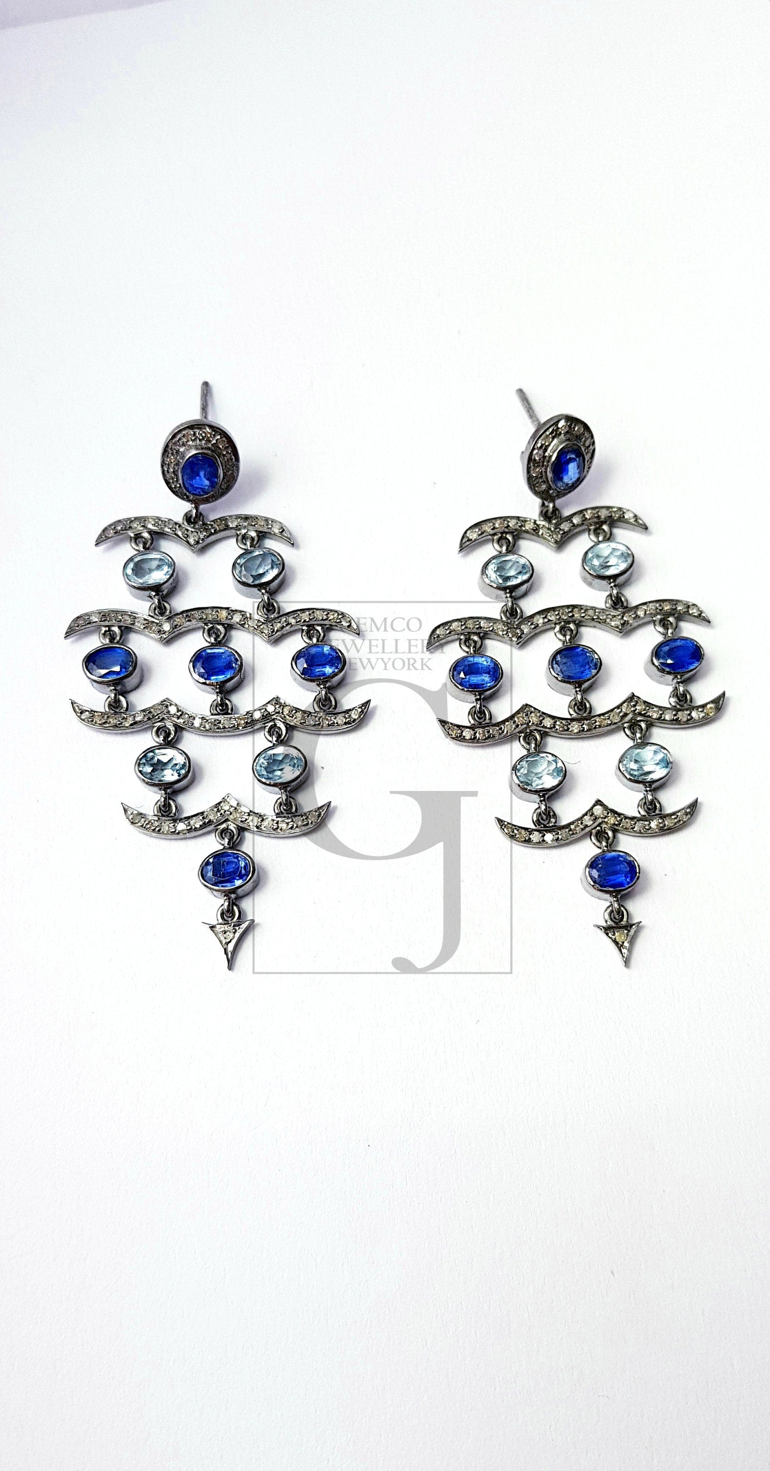 Very beautiful blue topaz and sapphire designer Rosecut pave diamond earrings 925 sterling silver handmade silver finish diamond earrings