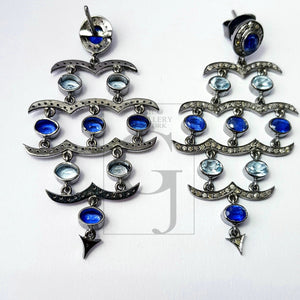 Very beautiful blue topaz and sapphire designer Rosecut pave diamond earrings 925 sterling silver handmade silver finish diamond earrings