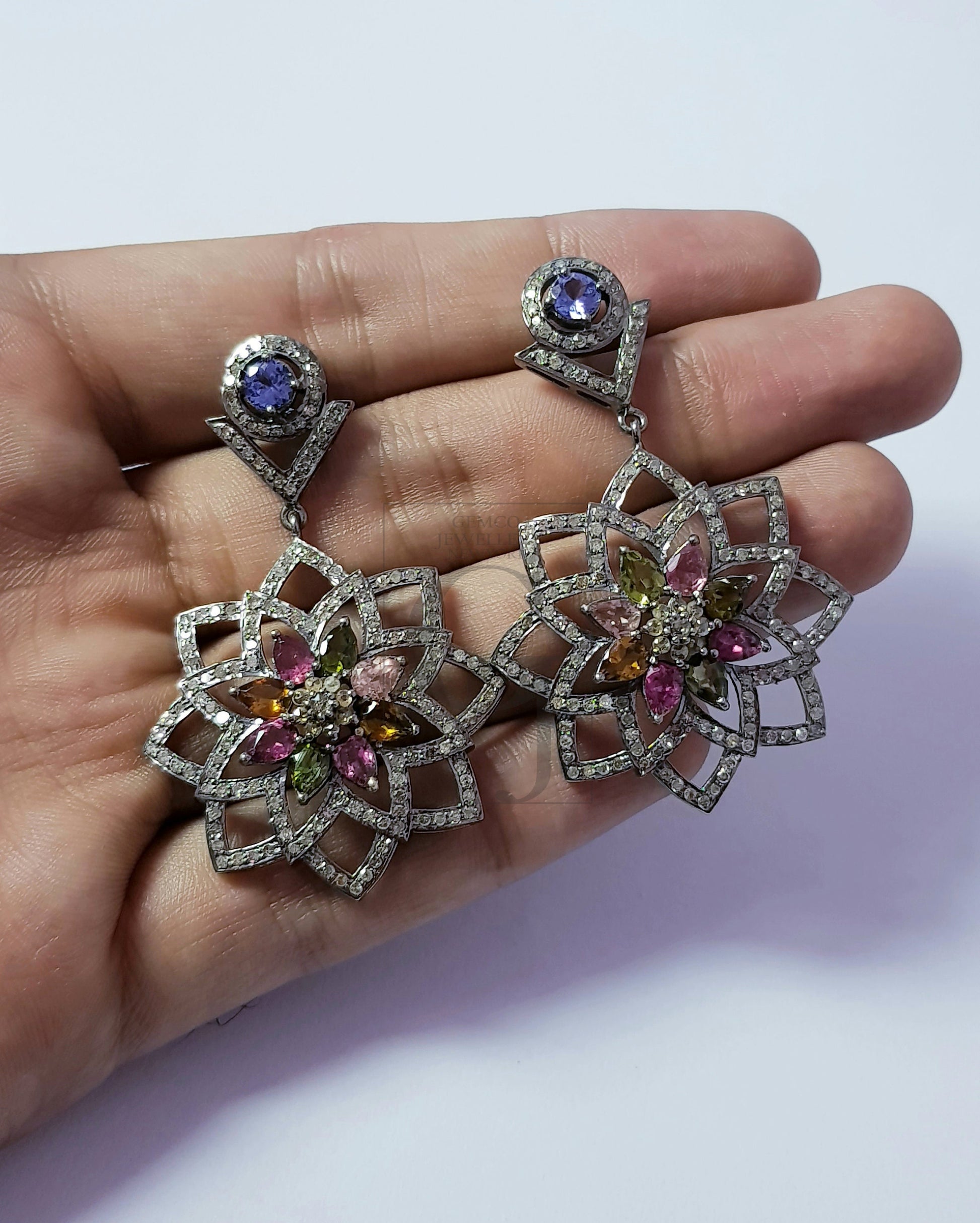 Flower style multi color tourmaline designer Rosecut pave diamond earrings 925 sterling silver handmade silver finish diamond earrings