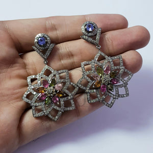 Flower style multi color tourmaline designer Rosecut pave diamond earrings 925 sterling silver handmade silver finish diamond earrings