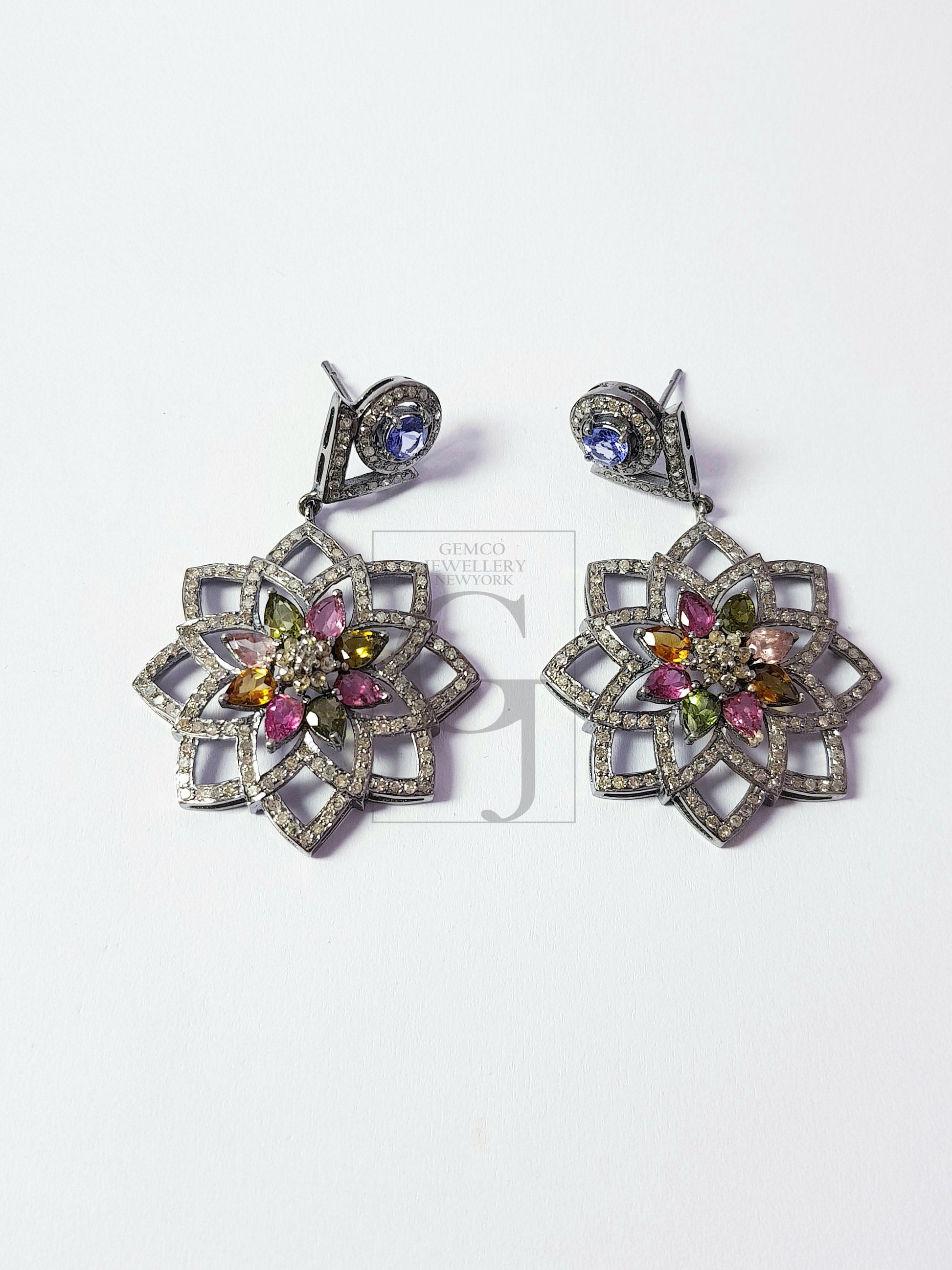 Flower style multi color tourmaline designer Rosecut pave diamond earrings 925 sterling silver handmade silver finish diamond earrings