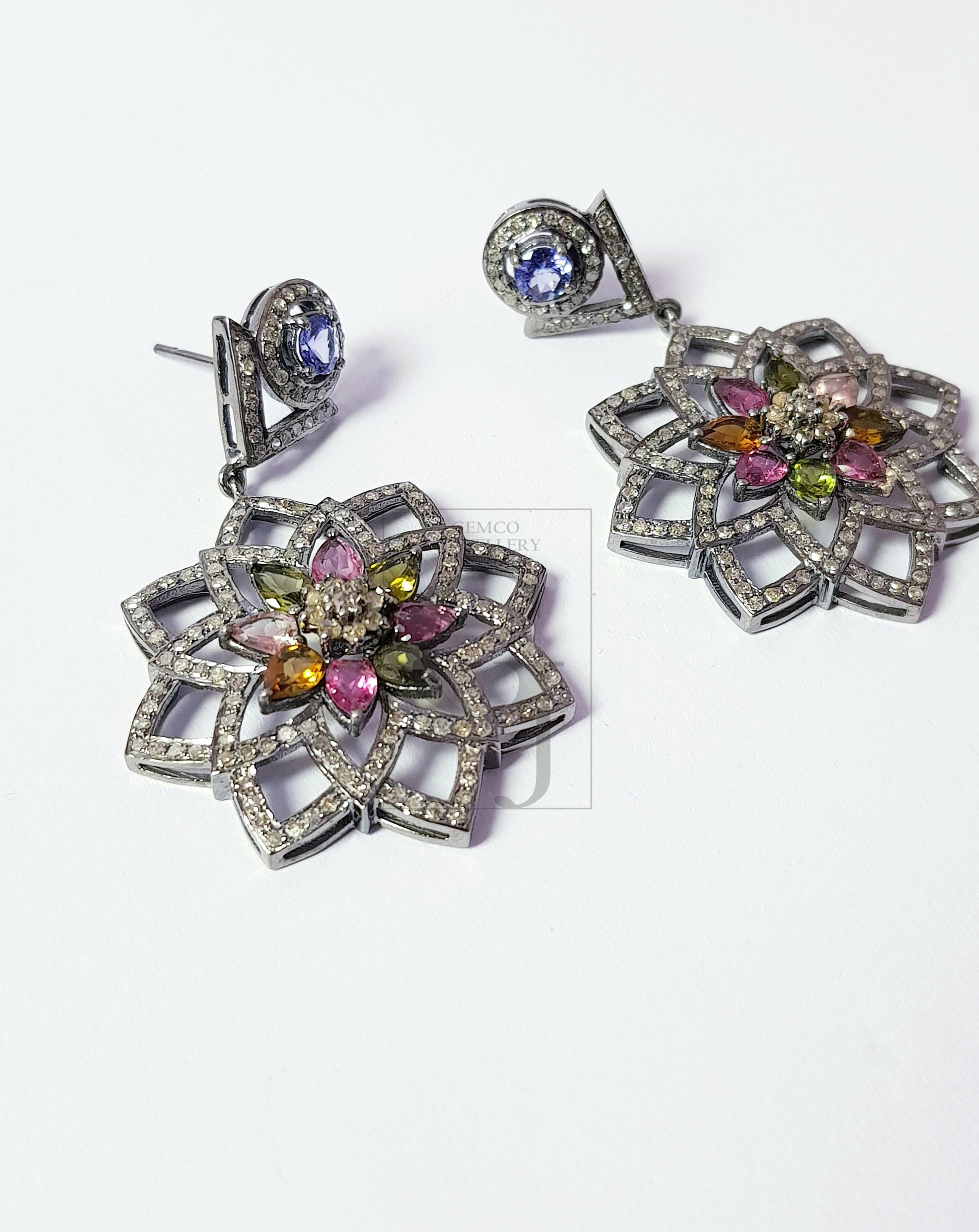 Flower style multi color tourmaline designer Rosecut pave diamond earrings 925 sterling silver handmade silver finish diamond earrings