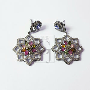 Flower style multi color tourmaline designer Rosecut pave diamond earrings 925 sterling silver handmade silver finish diamond earrings