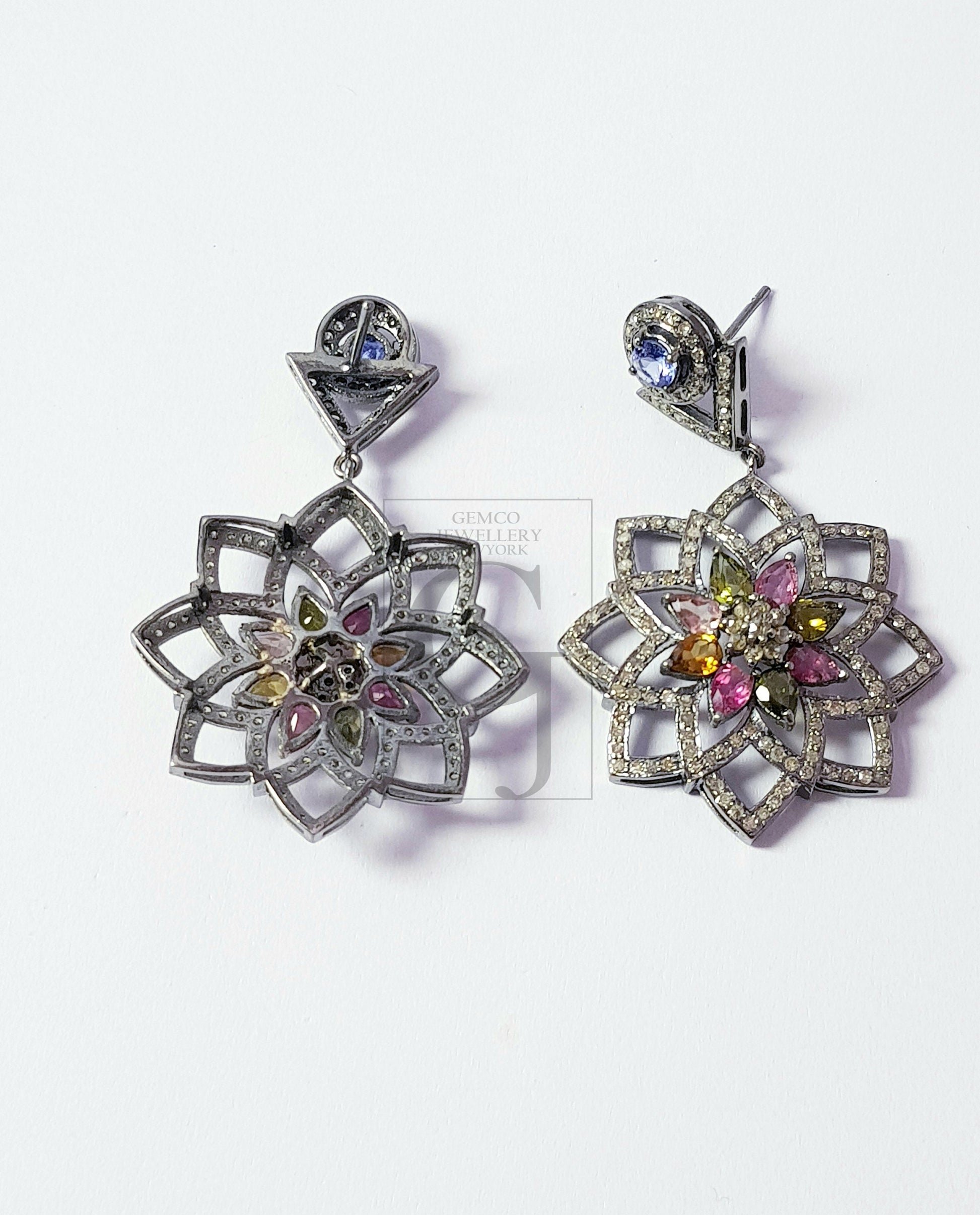 Flower style multi color tourmaline designer Rosecut pave diamond earrings 925 sterling silver handmade silver finish diamond earrings