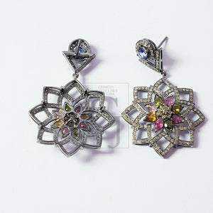 Flower style multi color tourmaline designer Rosecut pave diamond earrings 925 sterling silver handmade silver finish diamond earrings